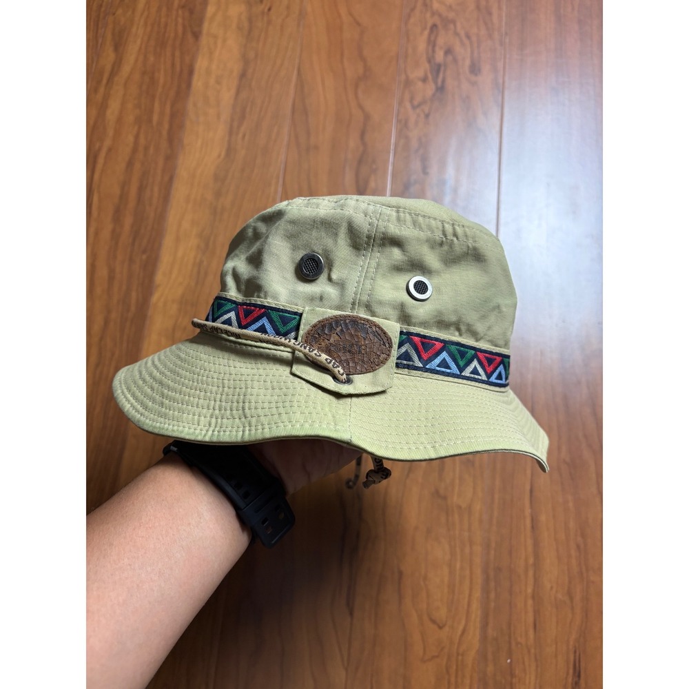 Nice Cap Sang Woon Khaki Bucket Hat Geometric Trim Outdoor Safari Size L